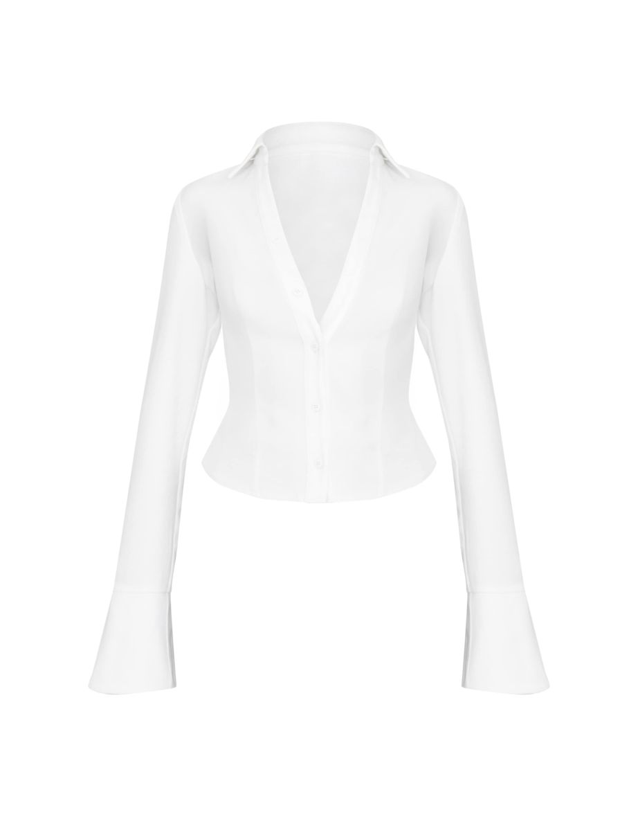 White Fitted Plunge Shirt - 4