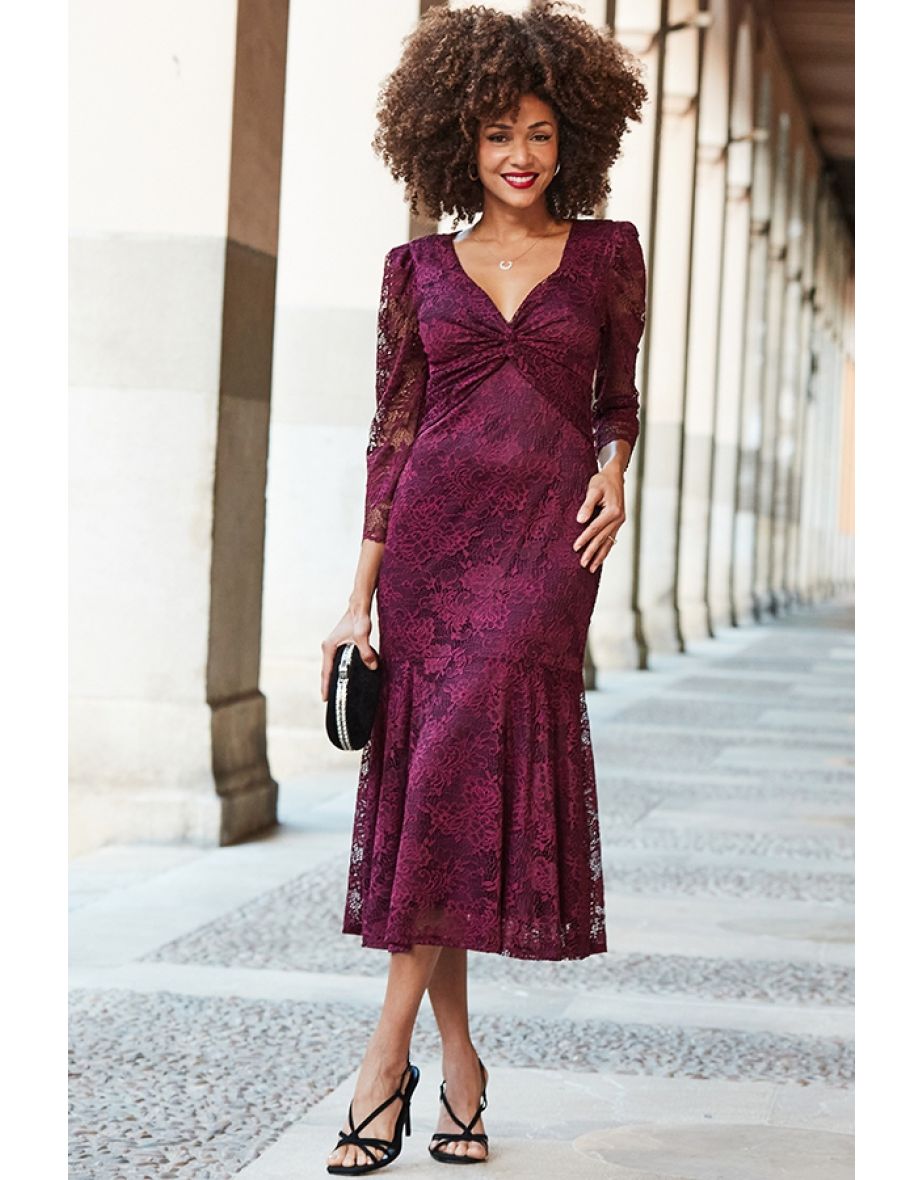 Dark Cherry Lace Twist Front Midi Dress - 4