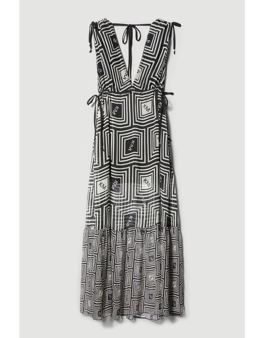 Silk Viscose Km Logo Tiered Maxi Beach Dress - 3