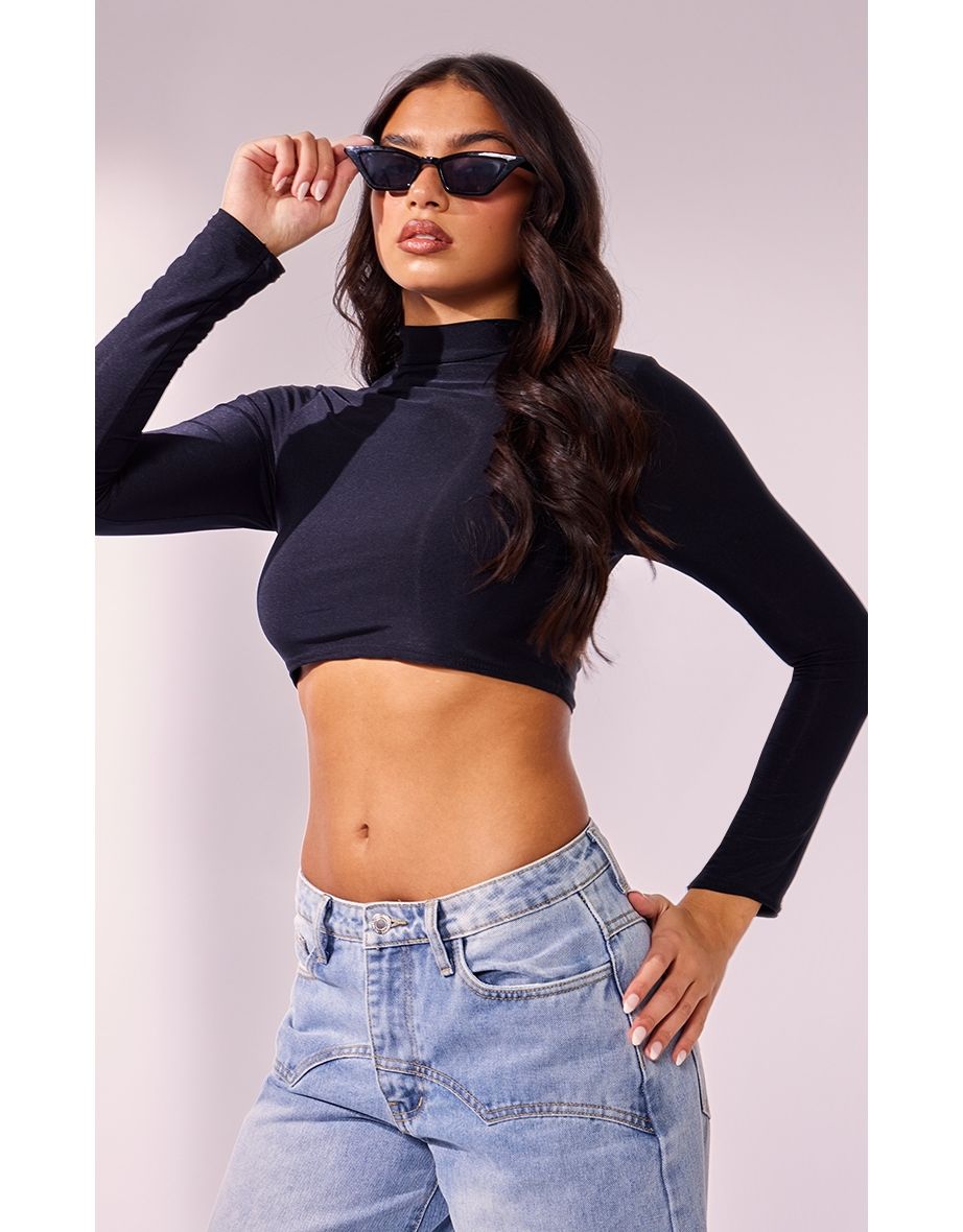Black Slinky High Neck Long Sleeve Crop Top