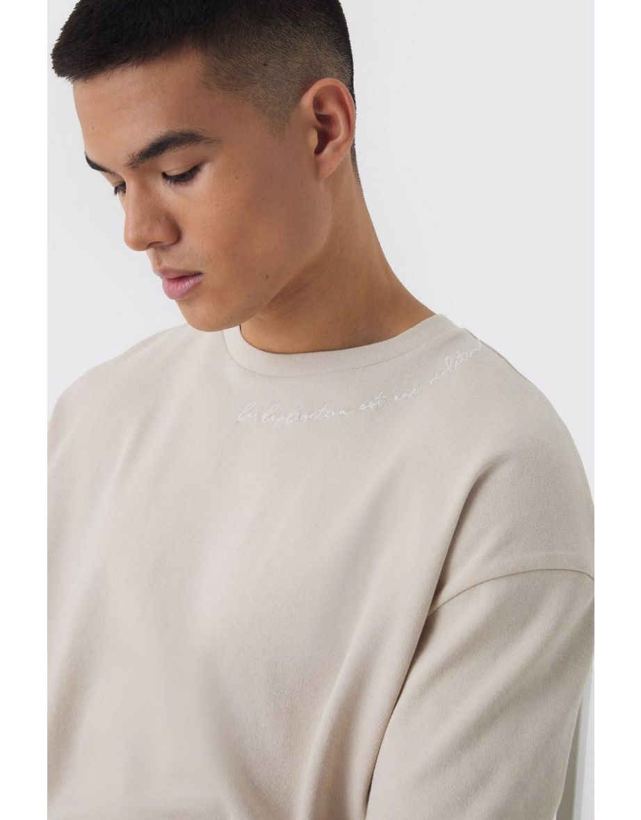 Oversized Boxy Embroidered Slogan T-shirt - stone - 2