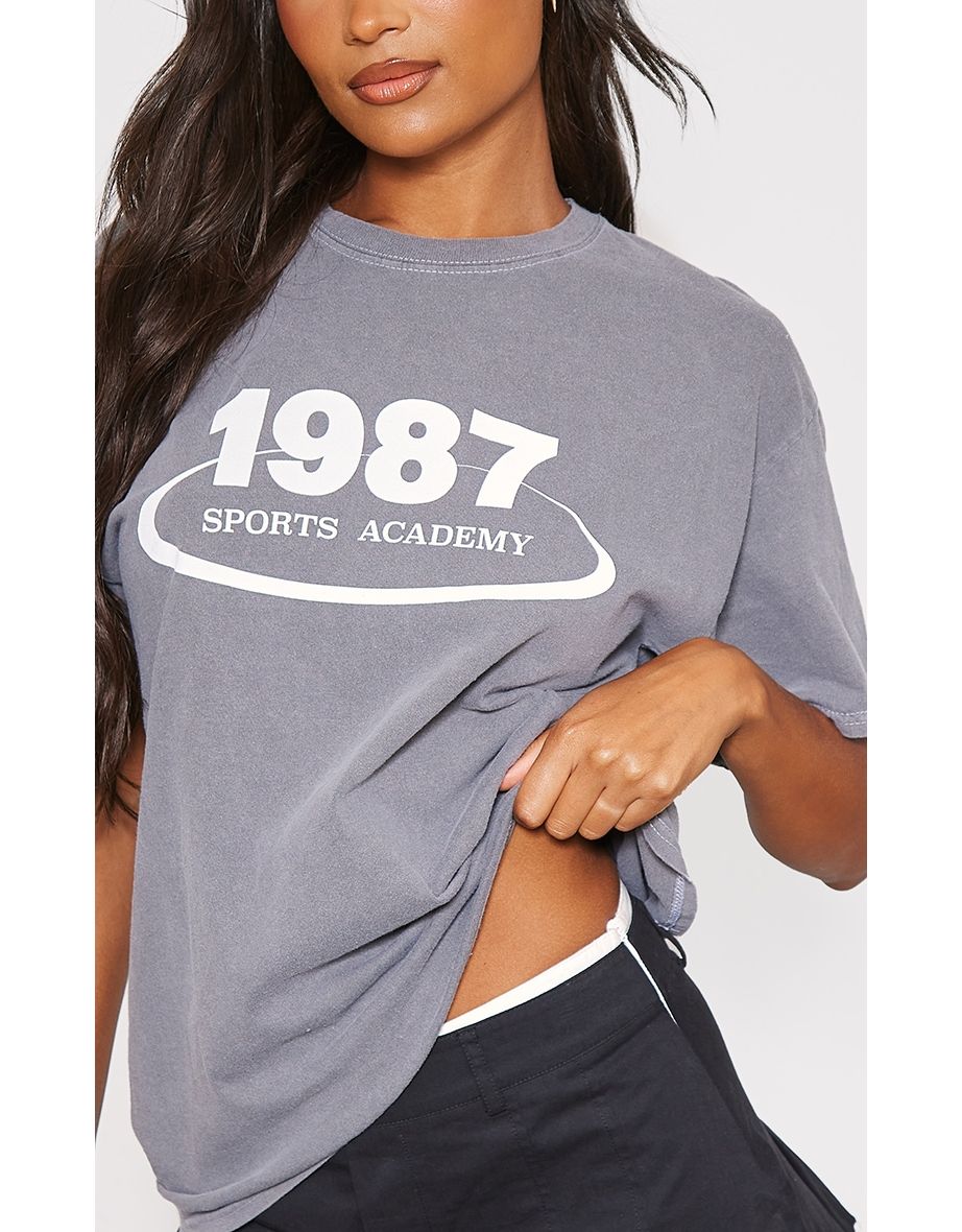 Charcoal Washed 1987 Sports Academy Printed T Shirt - 3