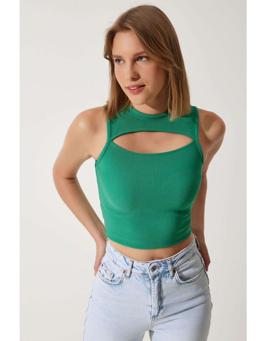 Women's Green Cut Out Detailed Ribbed Crop Knitted Blouse