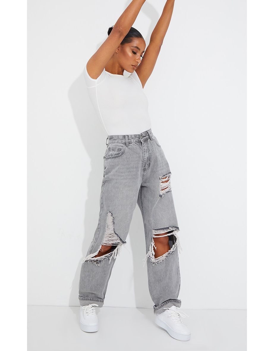 PRETTYLITTLETHING Washed Grey Open Knee Distressed Turn Up Boyfriend Jeans