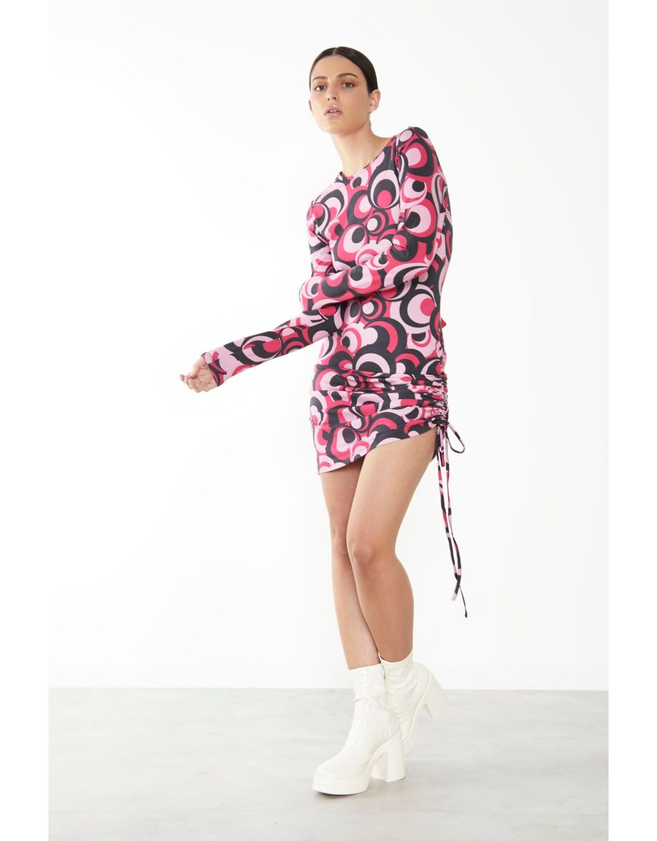 Glamorous Care Pink Circle Print Drawstring Ruched Mini Dress
