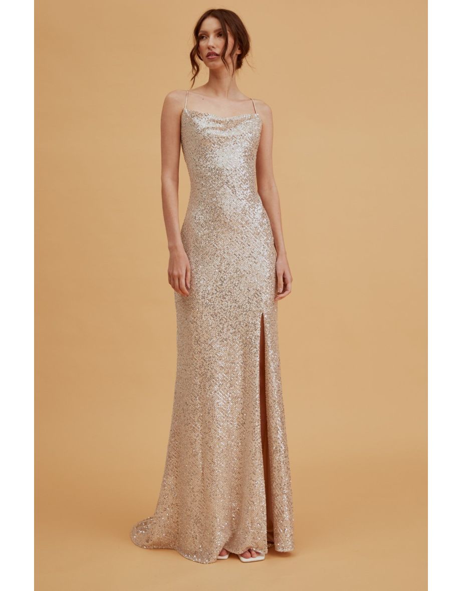 Pippa Champagne Sequin Bridesmaid Cowl-Neck Slip Dress