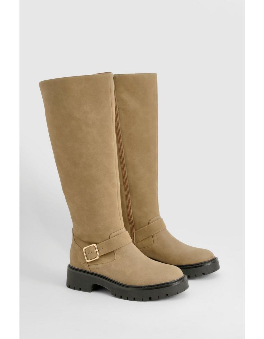 Buckle Detail Chunky Knee High Boot - taupe