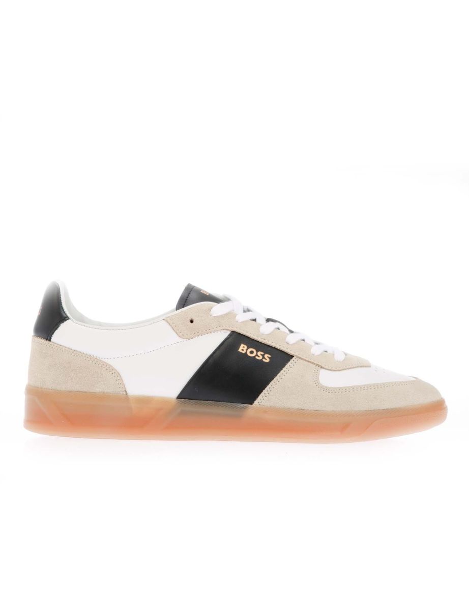 Men's Hugo Boss Foil Print Branding Leather-Suede Trainers in Cream