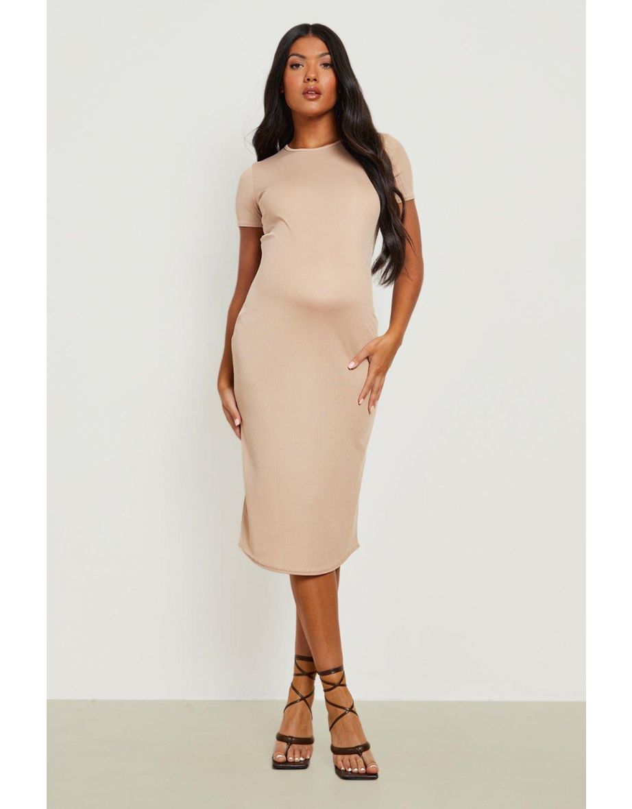 Maternity Rib Short Sleeve Midi Dress - stone