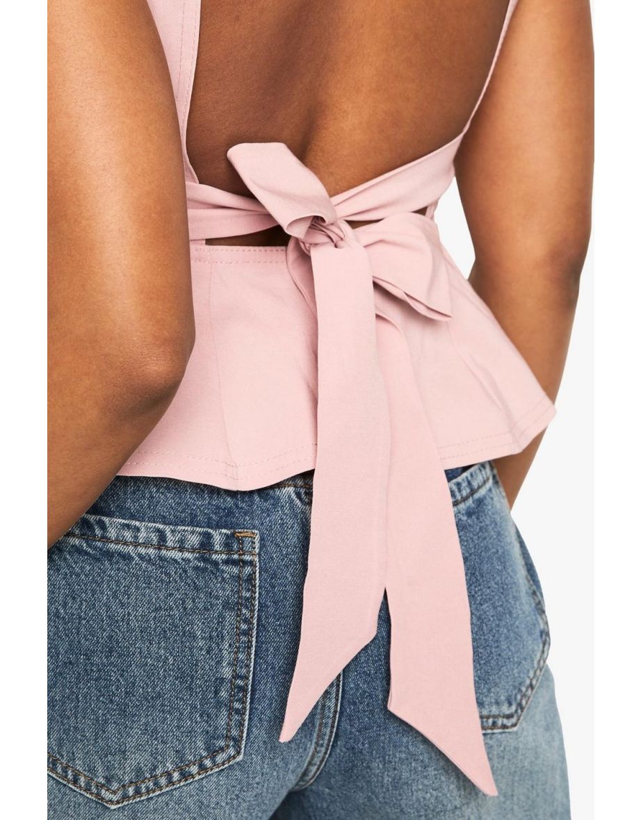 Bengaline Tied Open Back Peplum Top - pink - 3