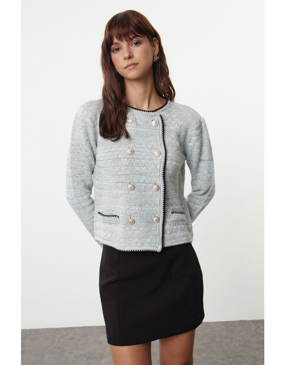 Gray Double Breasted Knitted Cardigan - 4