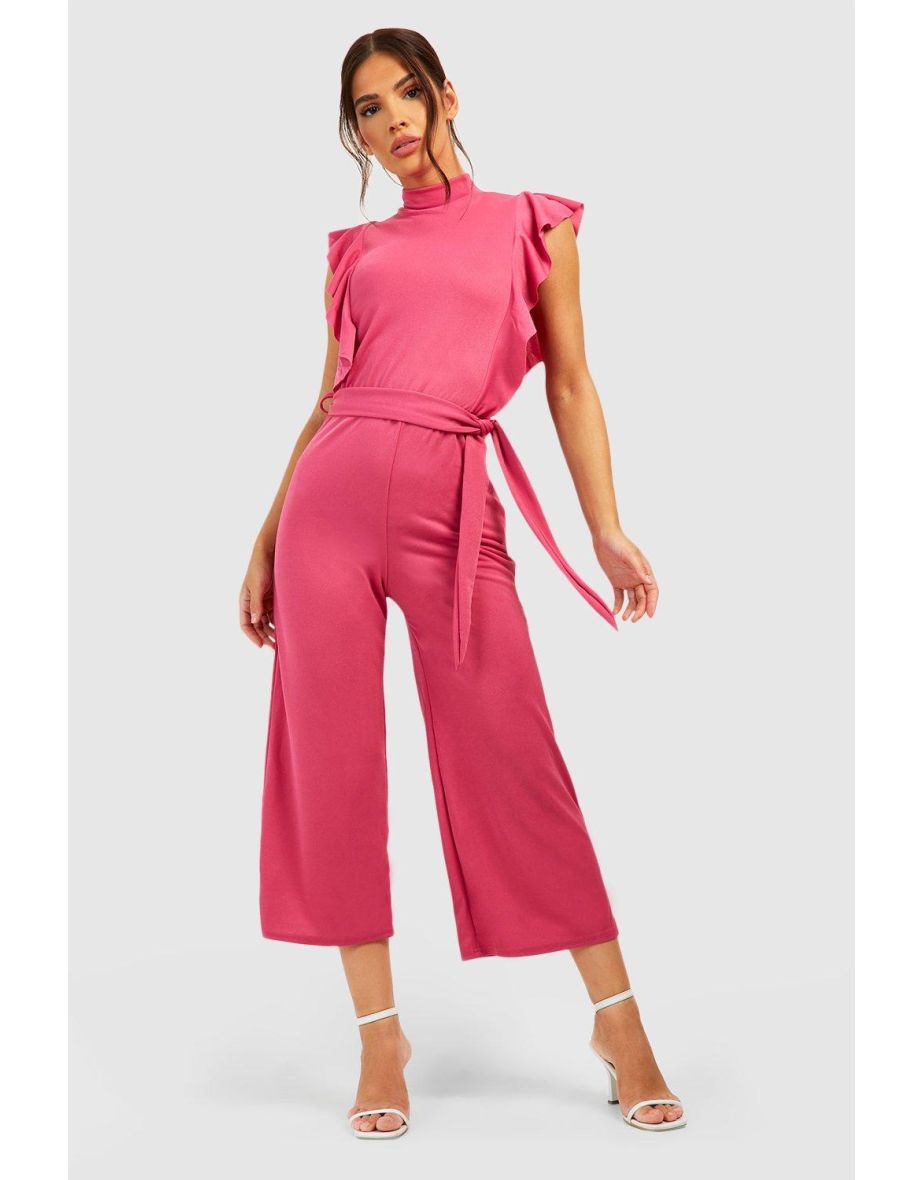 High Neck Frill Detail Belted Culotte Jumpsuit