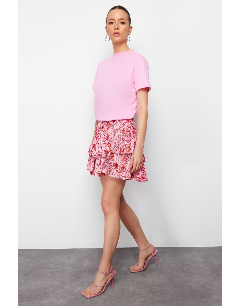 Red Shawl Pattern Ruffled Waist Rubber Detailed Viscose Woven Shorts