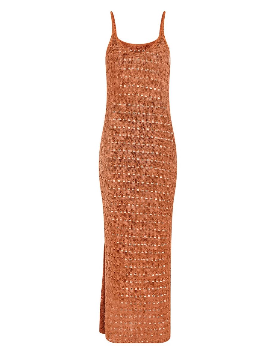 Brown Crochet Knitted Side Split Maxi Dress - 4