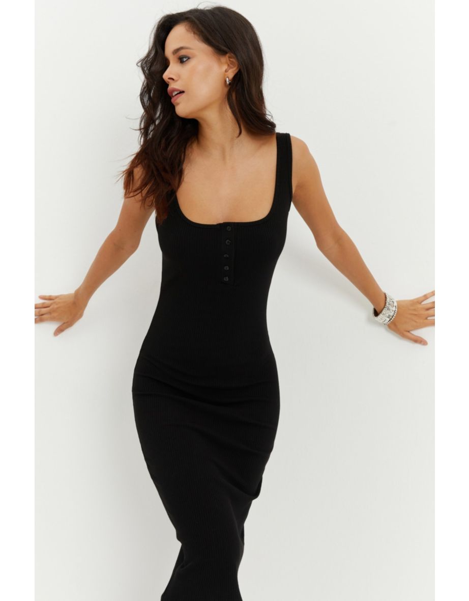 Women's Black Collar Buttoned Camisole Midi Dress