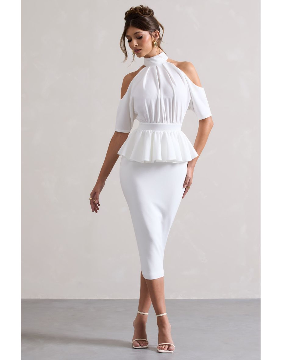 Yves | White High-Neck Cut-Out Midi Dress With Peplum Waist