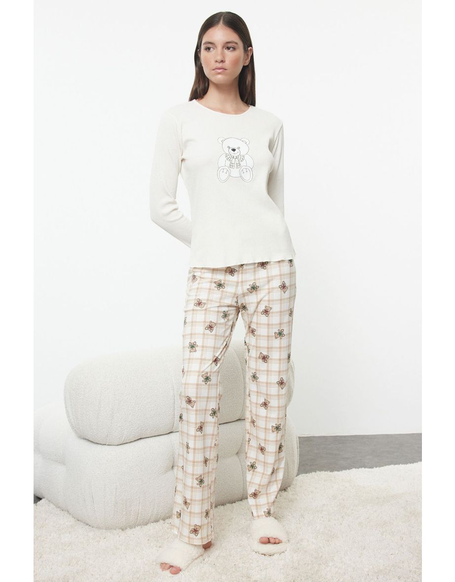 Ecru Bear Plaid Top Camisole Bottom Jersey Knitted Pajama Set
