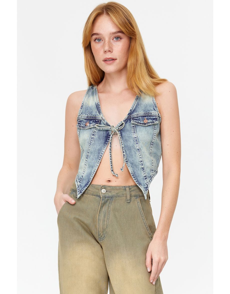 Shop Blue Front Tie Fitted Denim Vest Online in Oman VogaCloset