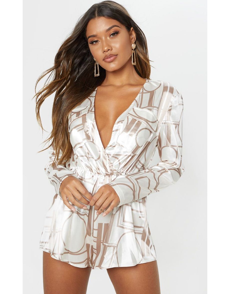 Champagne Chain Print Plunge Playsuit