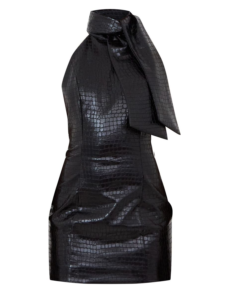 Designed by Naomi Campbell - Black Croc PU Bow Detail Bodycon Dress - 4