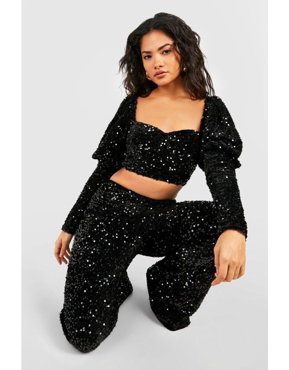 Velvet Sequin High Waisted Flared Trousers - black - 3