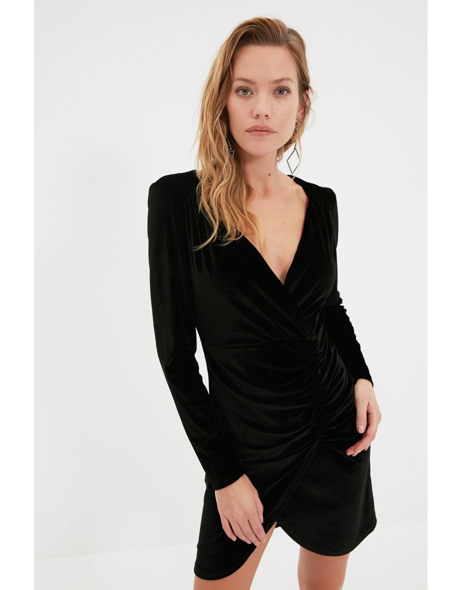 Black Velvet Ruched Bodycon Mini Evening Dress with Long Sleeves - 4