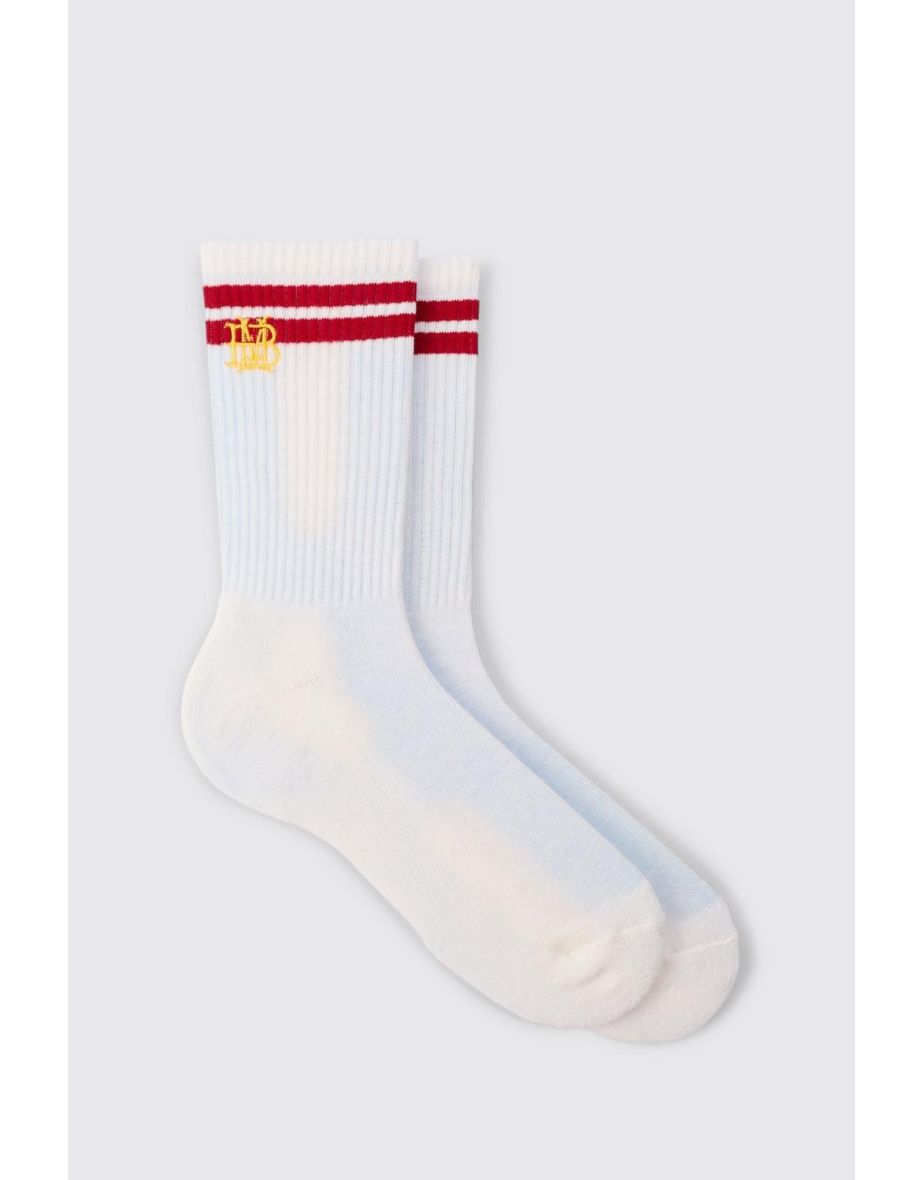 Bm Embroidered Half Terry Stripe Socks In White - white