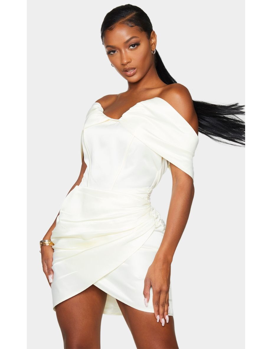 Shape white ruched 2025 bardot bodycon dress