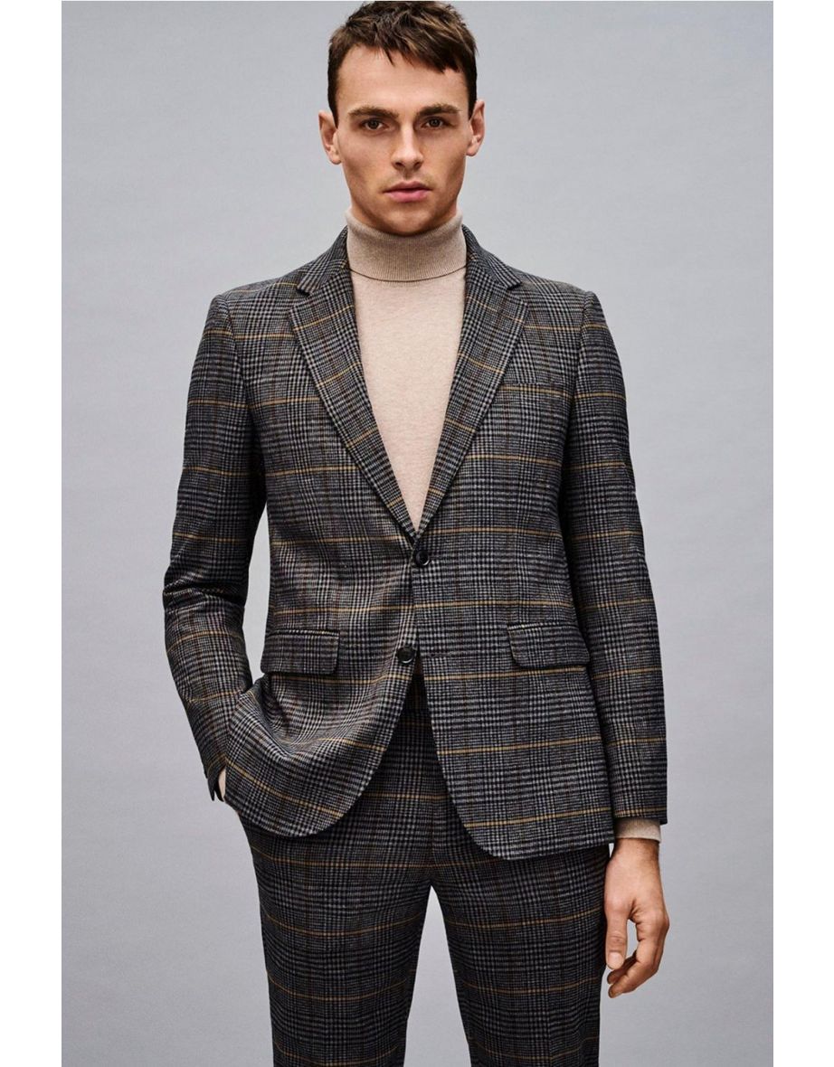 Brown Saddle Check Slim Fit Suit Blazer