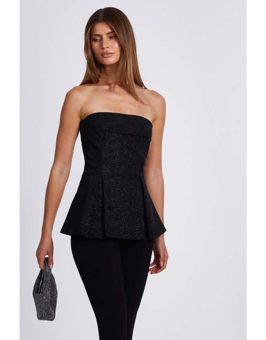 Black Glitter Strapless Peplum Top
