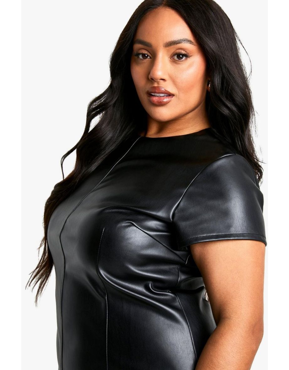 Plus PU Cap Sleeve Shift Dress - black - 3