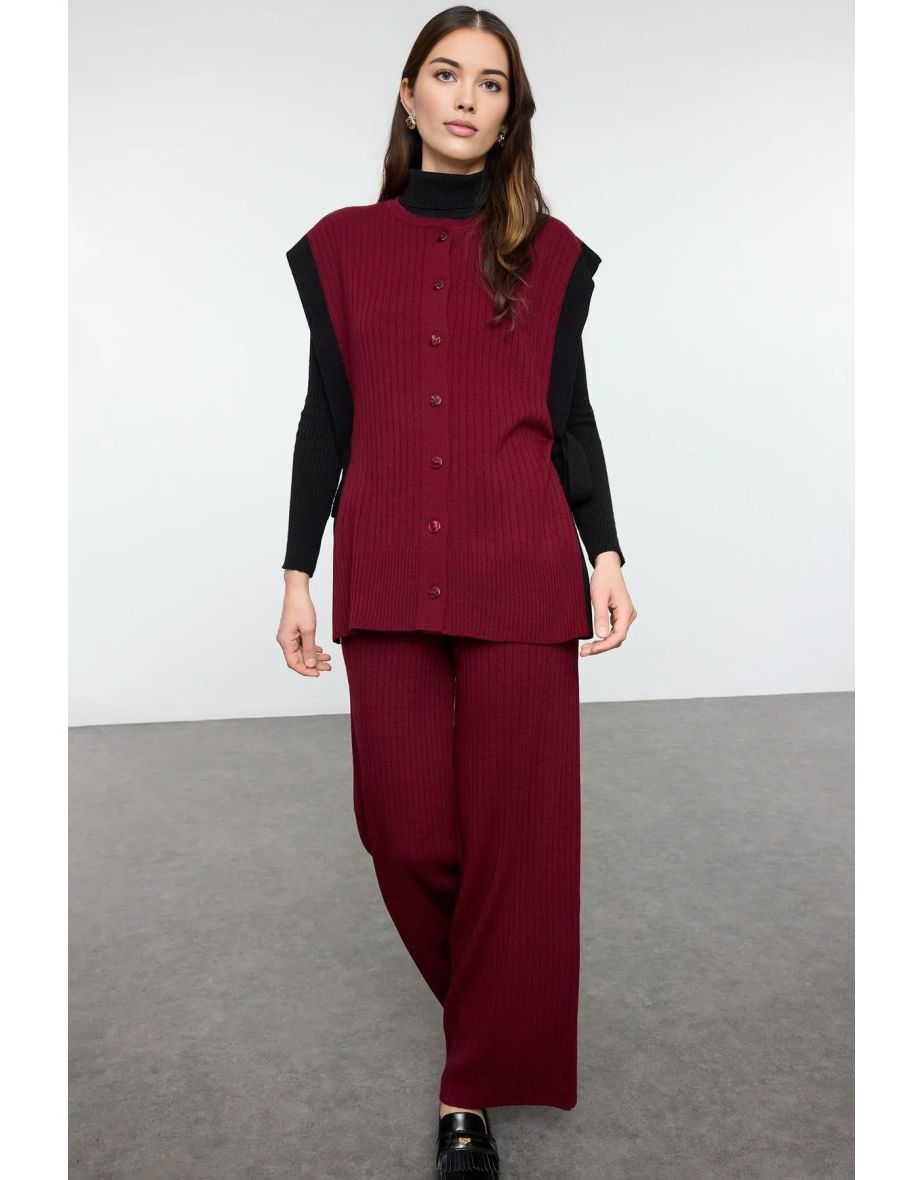 Claret Red Color Block Slit Detailed Vest-Pants Knitwear Bottom-Top Set