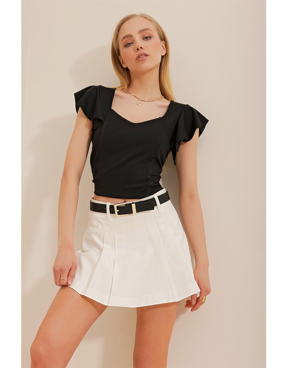 Women's Black V-Neck Frilly Sleeves Crop Blouse