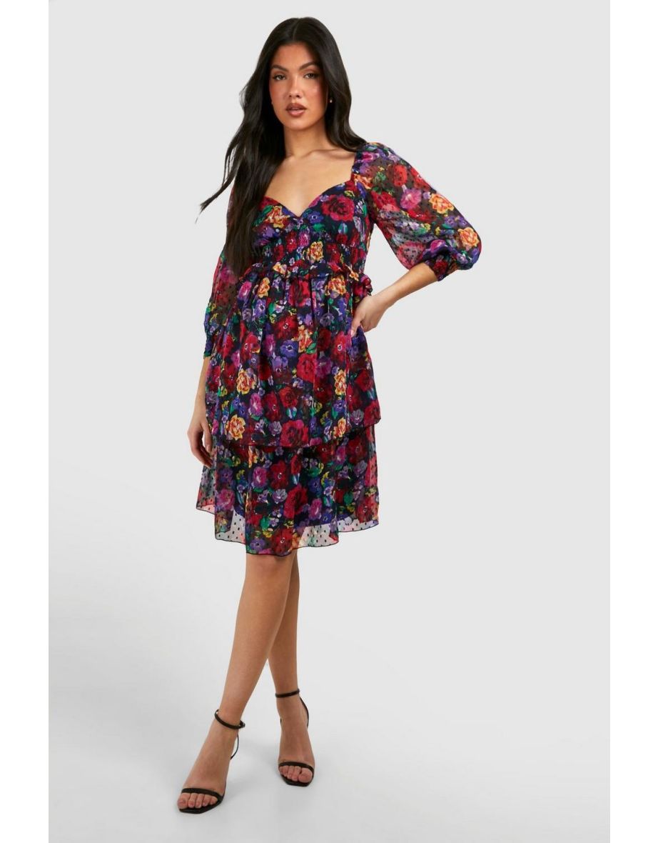 Maternity Floral Dobby Puff Shoulder  Dress - black