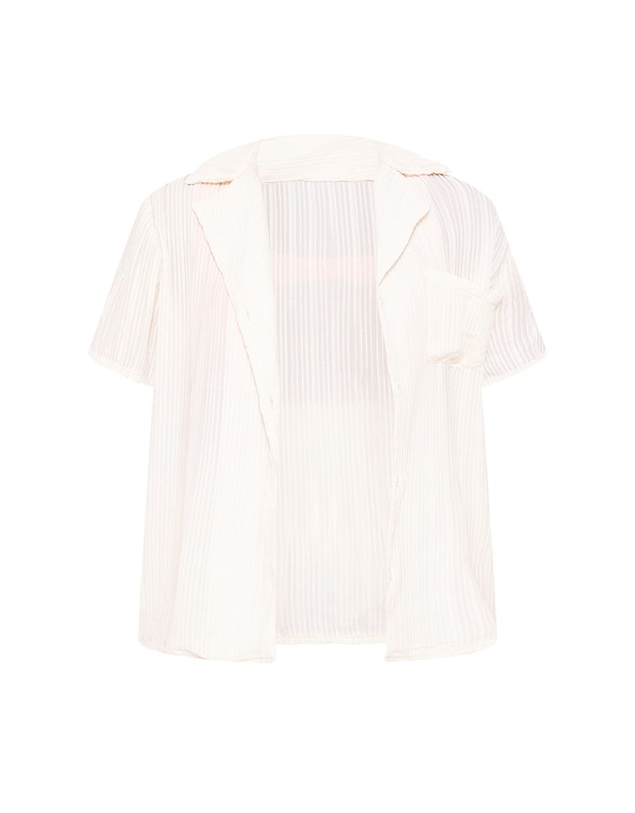 Cream Chiffon Plisse Oversized Short Sleeve Shirt - 4