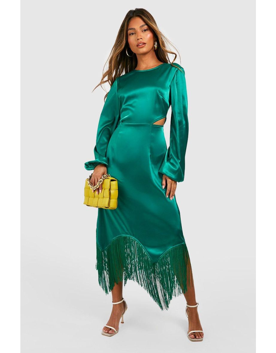 Emerald green sequin long sleeve tassel hem hot sale bodycon dress