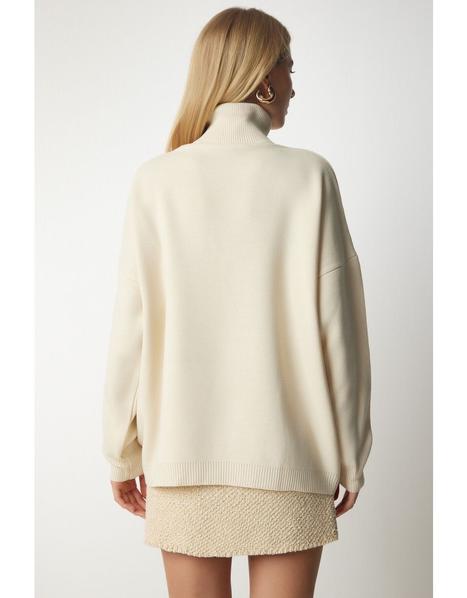 Women's Cream Turtleneck Oversized Knitwear Sweater - 5