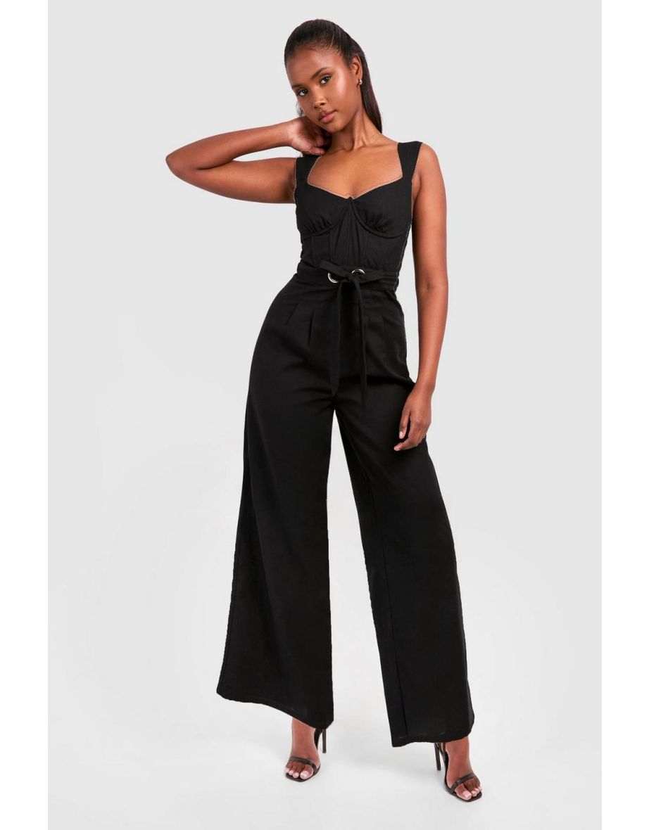 Shop Linen Blend Belt Detail Jumpsuit black Online in Oman VogaCloset