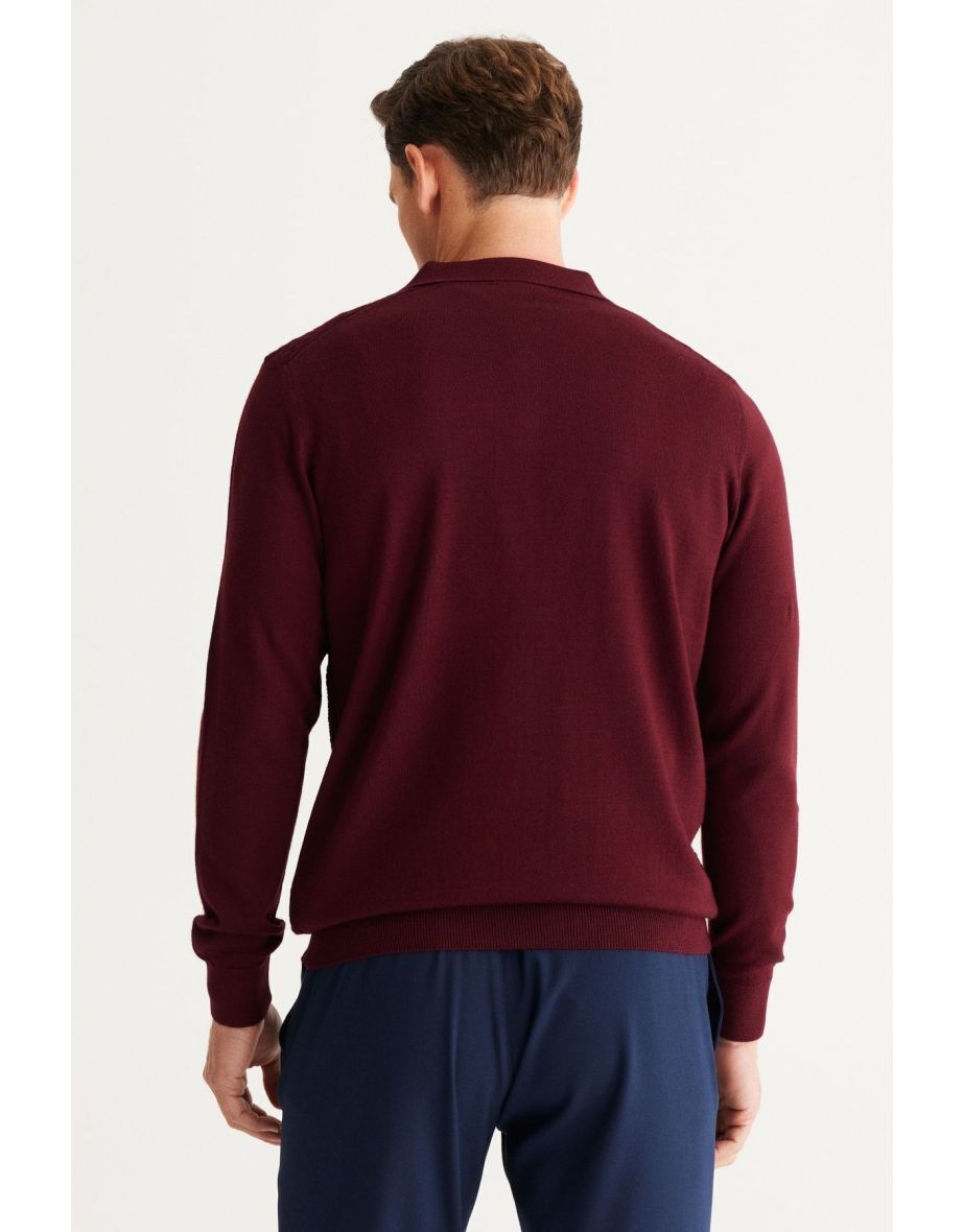 Men's Burgundy Standard Fit Normal Cut Polo Neck Wool Knitwear Sweater - 5