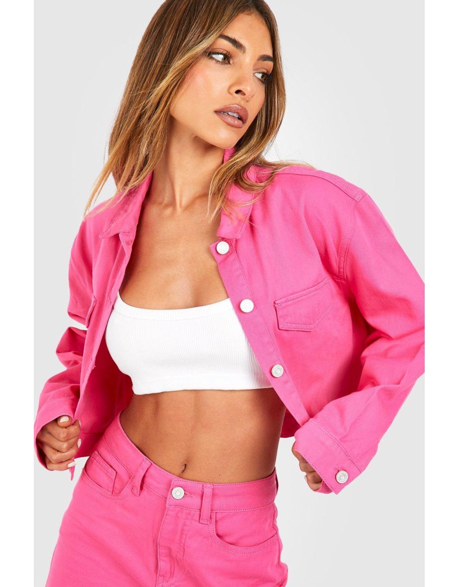 Pink Cropped Denim Jacket - hot pink