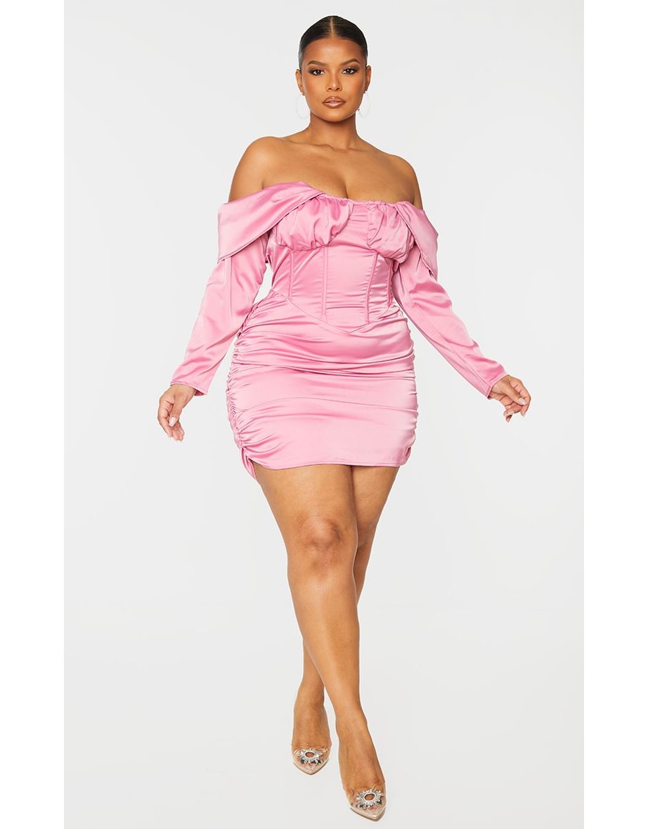 Shop Plus Pink Satin Drape Bardot Sleeve Ruched Back Bodycon Dress Online in Oman VogaCloset