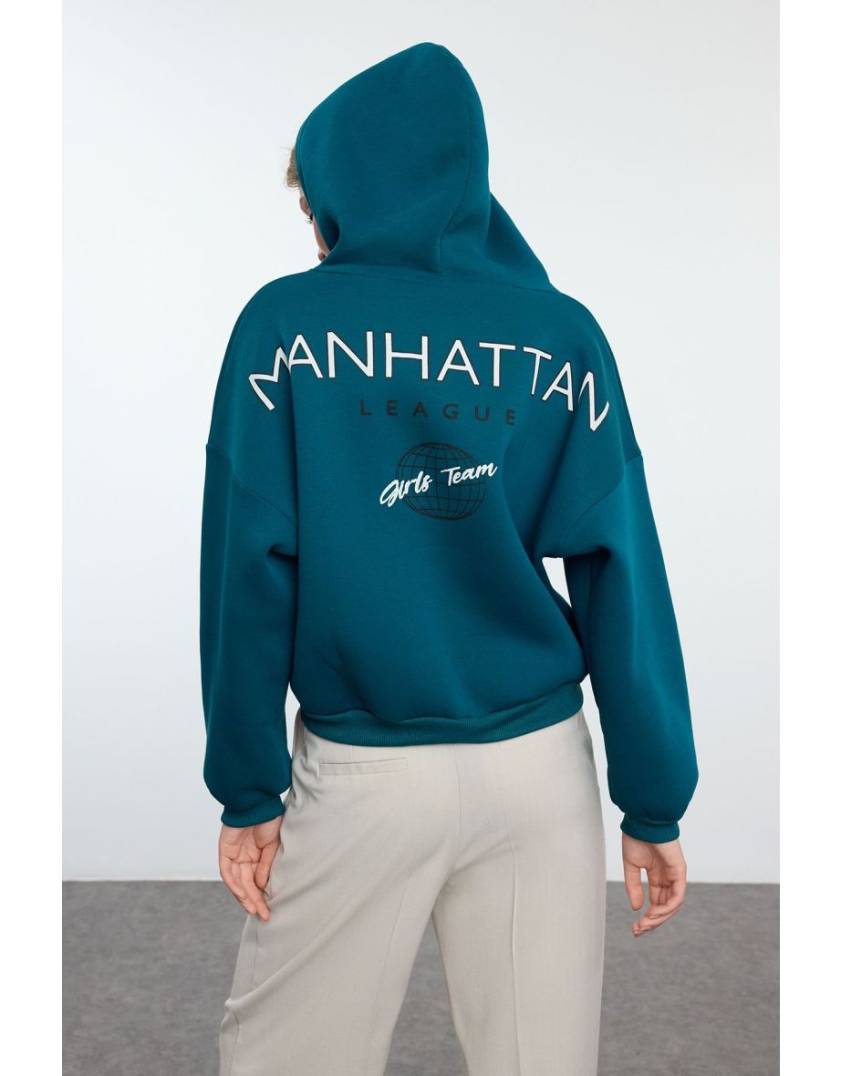 Oil Back Print Detailed Hooded Thick Inside Fleece Knitted Sweatshirt - 4