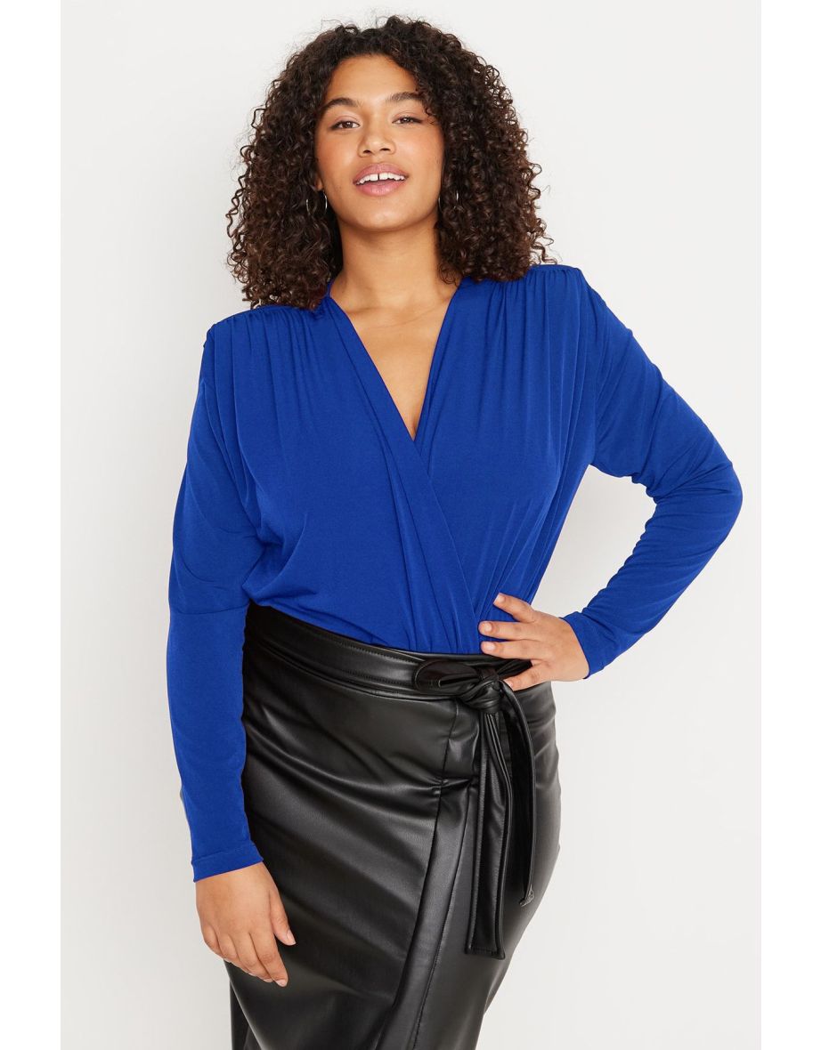 Blue Padded Double Breasted Snap Closure Knitted Bodysuit