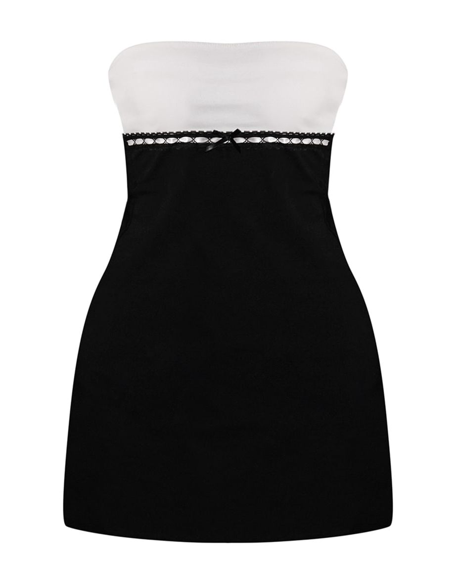 Black Lace Trim Bow Detail Bandeau Mini Dress - 3