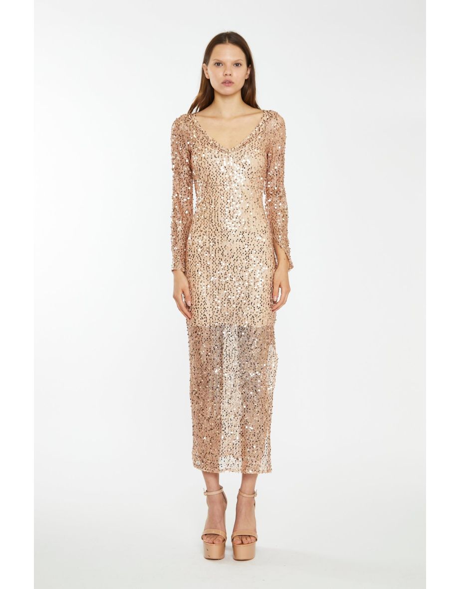 Rose-Gold Sequin Mesh V-Neck Maxi-Dress