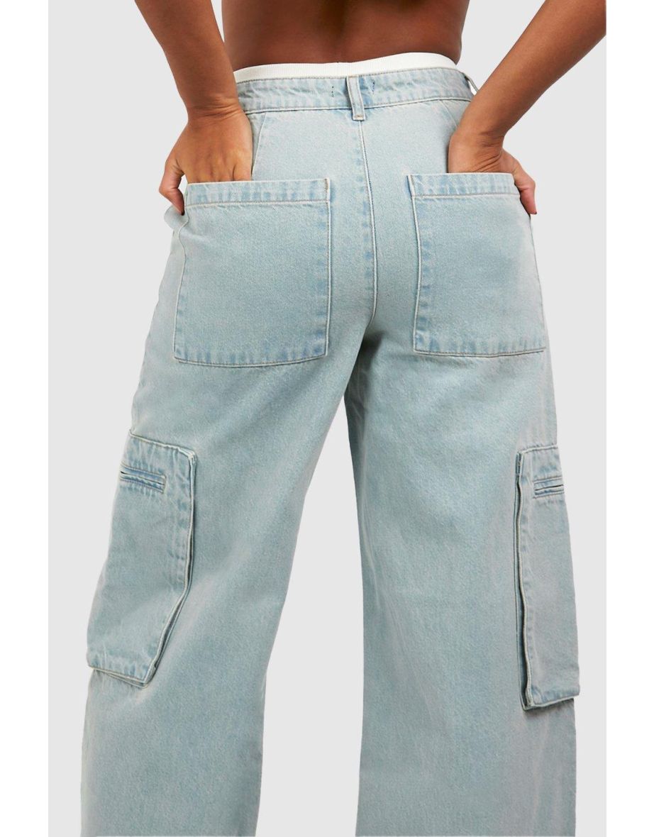 Zip Cargo Pocket Wide Leg Jeans - bleached blue - 3