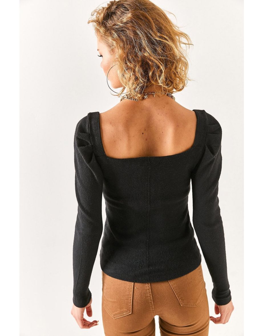 Women's Black Square Collar Sleeve Pleated Raised top - 4