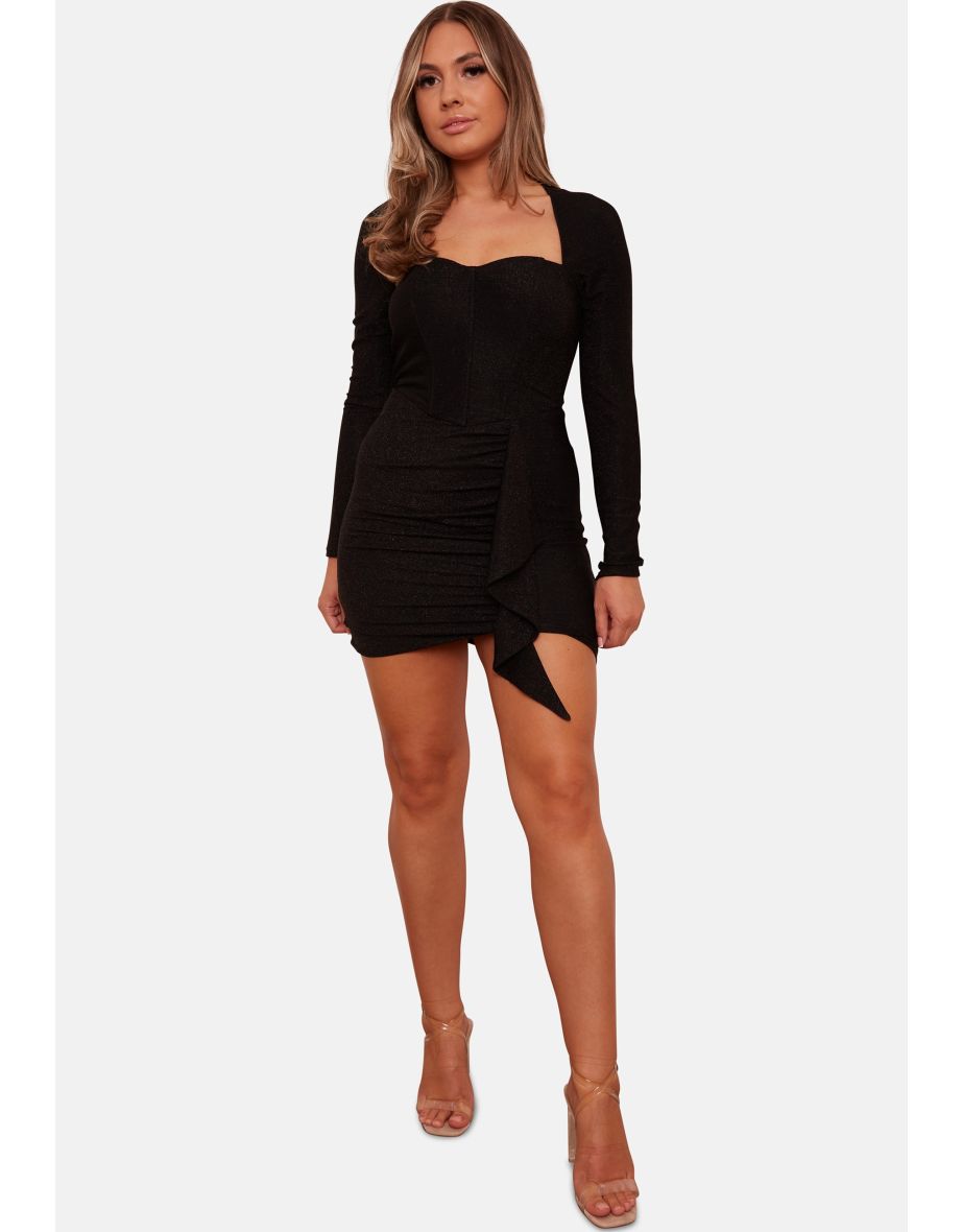 Long Sleeve Glitter Drape Mini Dress in Black