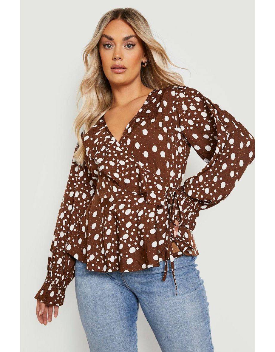 Plus Mixed Polka Wrap Top - chocolate - 3