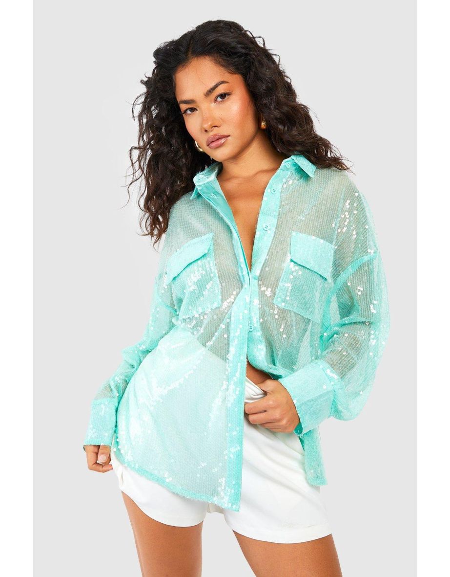 Oversized Pocket Detail Sequin Shirt - sage